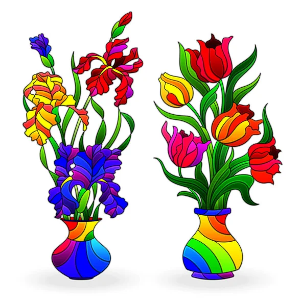 一套彩色玻璃元素 花瓶与花 郁金香和虹膜在明亮的花瓶 查出在白色背景 — 图库矢量图片