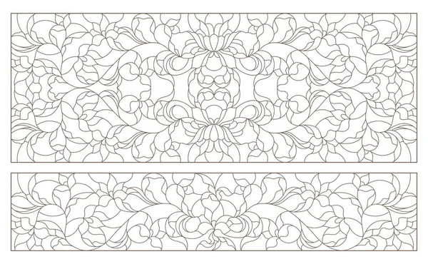 Série Illustrations Contour Vitraux Avec Tourbillons Abstraits Fleurs Orientation Horizontale — Image vectorielle