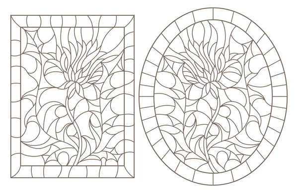 Set Van Contour Illustraties Van Gebrandschilderd Glas Met Bloemen Donkere — Stockvector