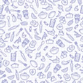 Картина, постер, плакат, фотообои "seamless pattern with outline icons on a theme kitchen accessories and food , blue contour icons on the clean writing-book sheet in a cage", артикул 233834232