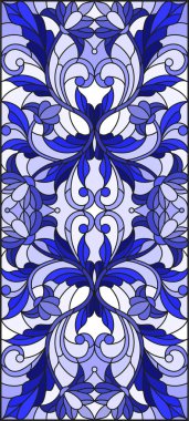 İllüstrasyon soyut swirls, vitray tarzında çiçekler ve hafif bir arka plan üzerinde dikey yönlendirme gama mavi yaprakları