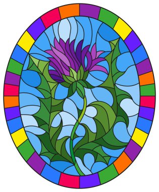 Vitray tarzı çiçek mavi bir arka plan üzerinde mor çiçek, parlak çerçeve içinde oval resim, resimde