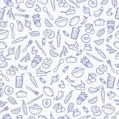 Anahat simgeleri bir tema ile Seamless modeli mutfak aksesuarları ve gıda, temiz yazma kitap gökyüzünde bir kafes kontur simgeleri mavi