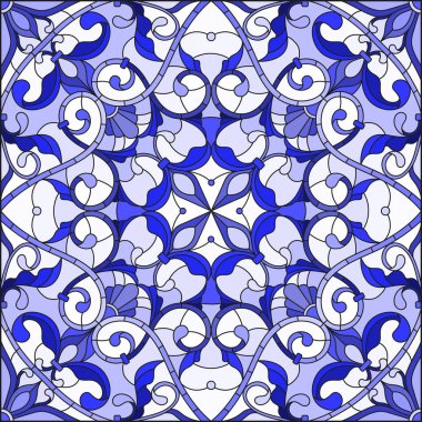 İllüstrasyon soyut vitray tarzında swirls ve bir açık renkli, kare resim, gama mavi yaprakları