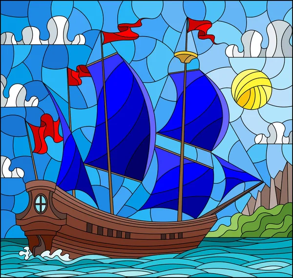 Gökyüzü Denizin Güneşin Doğuşunu Karşı Mavi Yelkenli Teknelerden Stiliyle Vitray — Stok Vektör