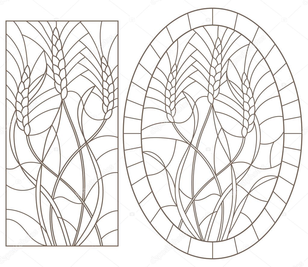 Set of contour illustrations of stained glass with wheat germ, oval and rectangular image, dark contours on a white background