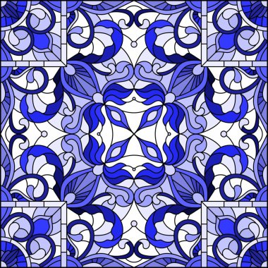 İllüstrasyon soyut vitray tarzında swirls ve bir açık renkli, kare resim, gama mavi yaprakları