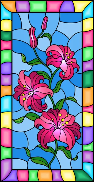 彩色玻璃样式的例证与粉红色百合的分支在蓝色背景 垂直的图片在明亮的框架 — 图库矢量图片
