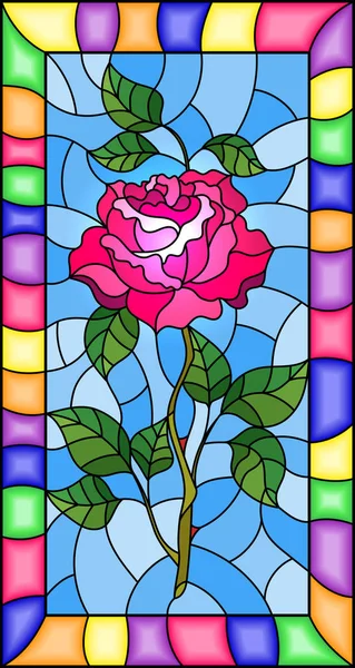 Ilustração Flor Estilo Vitral Rosa Rosa Fundo Azul Uma Moldura —  Vetores de Stock