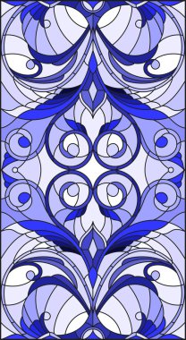 İllüstrasyon soyut swirls, vitray tarzında çiçekler ve hafif bir arka plan üzerinde dikey yönlendirme gama mavi yaprakları