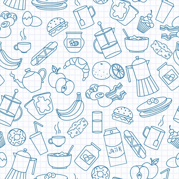 Yemek ve Kahvaltı, basit kontür simgeler, mavi kontur simgeler temiz yazma kitap gökyüzünde bir kafes arka planda konulu seamless modeli