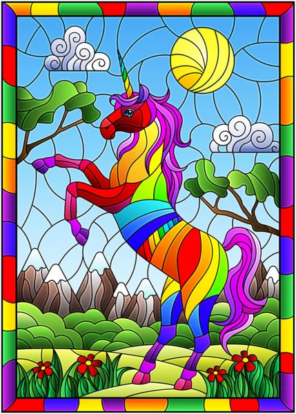 Illustration Stained Glass Style Rainbow Cartoon Unicorn Background Mountains Greenery — Stock Vector