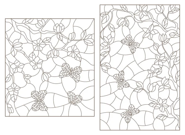 Set Van Contour Illustraties Van Gebrandschilderde Ramen Met Takken Van — Stockvector