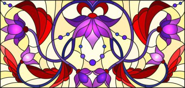 Vitray tarzı sarı bir arka plan üzerinde mor çiçekli bir bitki bir dalı ile resimde 