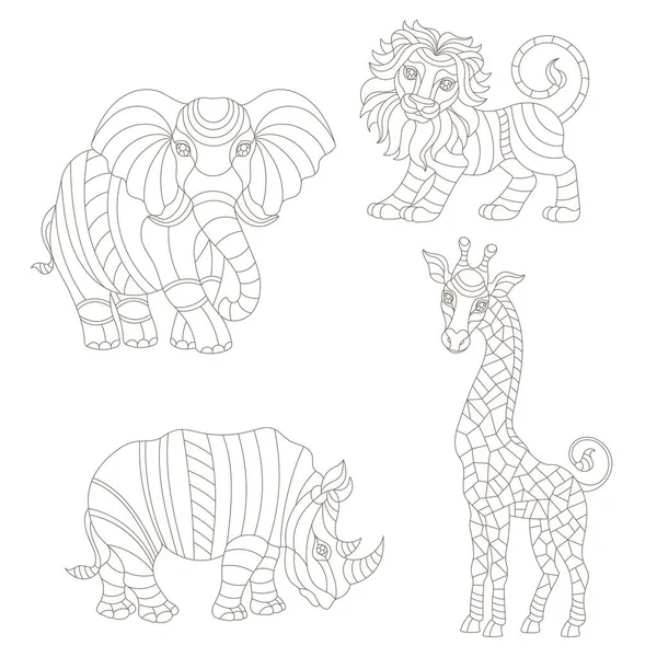Набір Ілюстрацій Елементами Контур Вітражі Африканських Тварин Анотація Веселка Слона — стоковий вектор