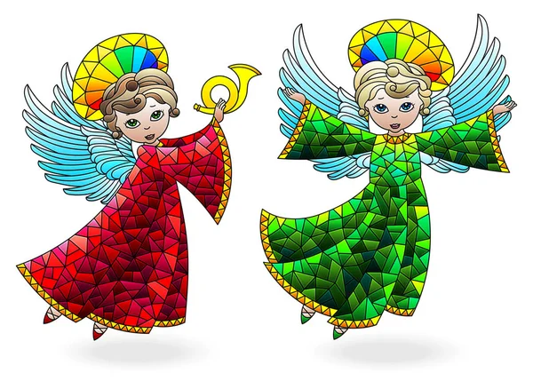 Set Stained Glass Elements Cute Cartoon Angels Coloured Figures White — Stock Vector