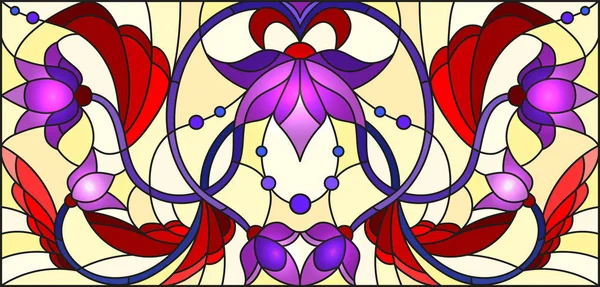 Vitray tarzı sarı bir arka plan üzerinde mor çiçekli bir bitki bir dalı ile resimde 