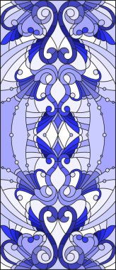 İllüstrasyon soyut swirls, vitray tarzında çiçekler ve hafif bir arka plan üzerinde dikey yönlendirme gama mavi yaprakları