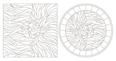 Güneş ve ay gökyüzü arka plan üzerinde yuvarlak ve dikdörtgen görüntü ile Windows vitray anahat çizimleri kümesi