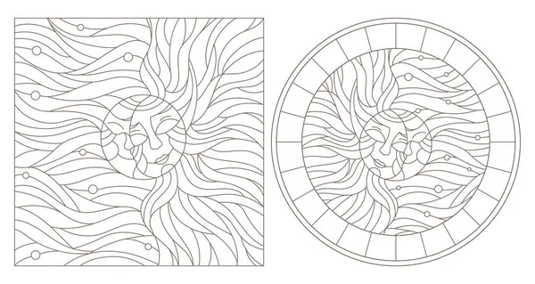 在天空背景 圆形和长方形图像上的太阳和月亮彩色玻璃窗的轮廓插图 — 图库矢量图片