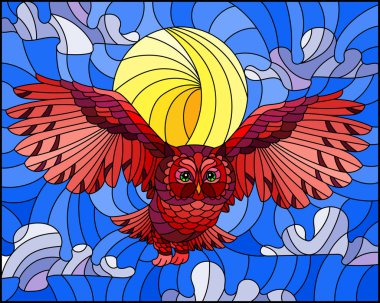 İllüstrasyon soyut kırmızı vahşi baykuş gökyüzü ve güneş karşı uçan ile vitray tarzında