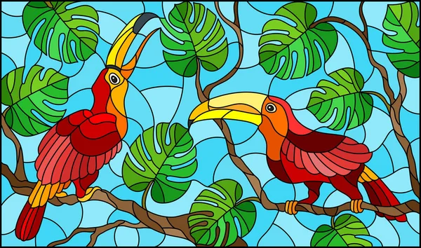 Ilustração Estilo Vitral Par Pássaros Vermelhos Árvore Tropical Ramo Contra —  Vetores de Stock