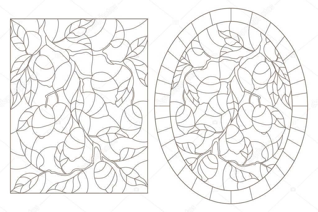 Set of contour illustrations of stained glass Windows with lemon leaves and fruit branches, round and rectangular image