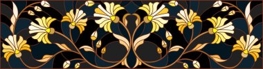 Çiçek süsleme stiliyle vitray, imitasyon altın swirls ve bitkisel motifler ile koyu arka plan üzerinde resimde