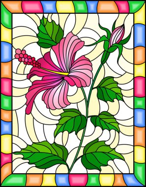 Çiçek, vitray stiliyle çizimde tomurcukları ve parlak çerçeve içinde sarı zemin üzerine pembe ebegümeci yaprakları 