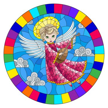 Vitray tarzı illüstrasyon karikatür melek bulutlu gökyüzü parlak çerçeve içinde yuvarlak görüntü karşı UT oynayan pembe elbiseli ile