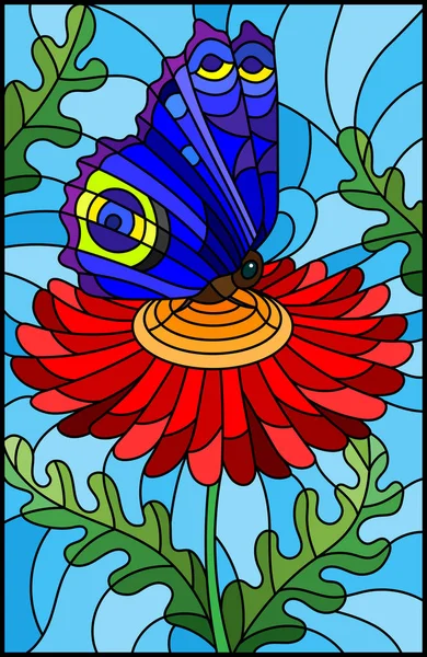 Ilustración Estilo Vitral Con Una Mariposa Azul Brillante Sobre Una — Vector de stock