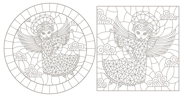 ステンド グラスの天使 円形および長方形の画像 白い背景に暗い輪郭のイラスト輪郭のセット — ストックベクタ