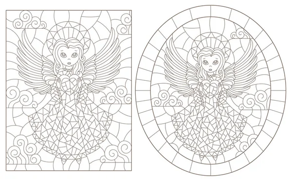 Série Illustrations Contours Vitraux Avec Anges Image Ronde Rectangulaire Contours — Image vectorielle