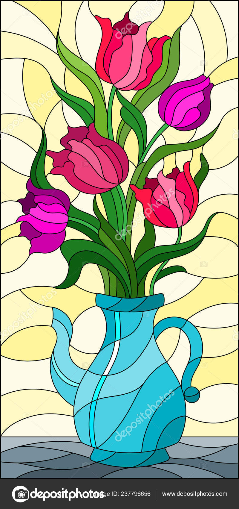 Oval Floral Art in Yellow and Blue Stained Glass Yellow Calla Lilies