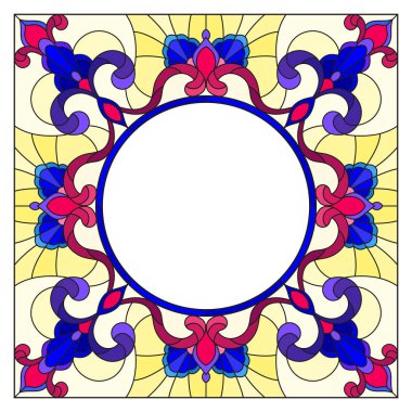 Vitray tarzı çiçek çerçeve, parlak çiçekler ve yapraklar sarı çerçeve içinde beyaz bir arka plan illüstrasyon