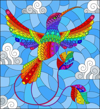 Gökkuşağı soyut sinek kuşu kuş uçan gökyüzü ve bulutlar karşı stiliyle vitray çizimde