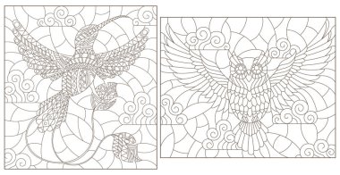 Kontur resimler vitray Windows kuşlar, baykuş ve sinek kuşu ile bulutlu gökyüzü, beyaz bir arka plan üzerinde koyu kontür ayarla