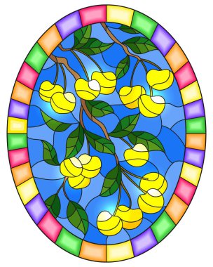 Vitray pencere dalları, Sarı kiraz ağacının dalları ile tarzı çizimi bırakır ve gökyüzü parlak çerçeve içinde oval görüntü çilek