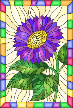 Vitray stil parlak mor çiçekli resimde tomurcukları ve bir çerçeve içinde sarı bir arka plan üzerinde bırakır