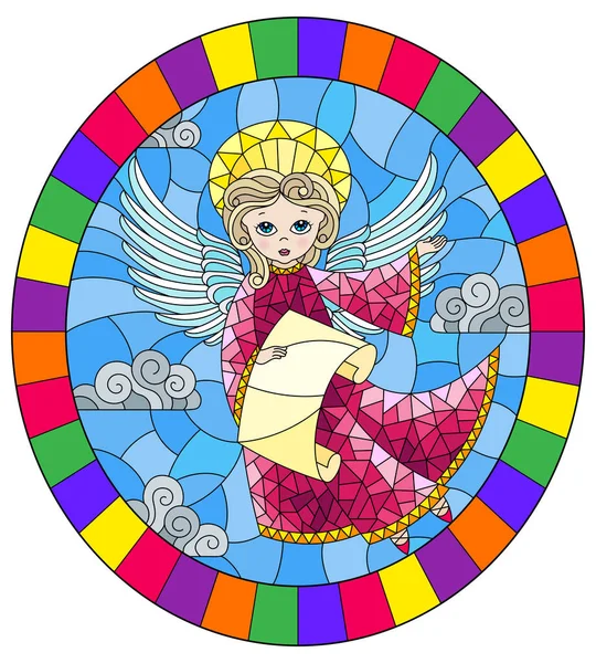 Illustration Stained Glass Style Cartoon Angel Pink Dress Scroll Hands — Stock Vector