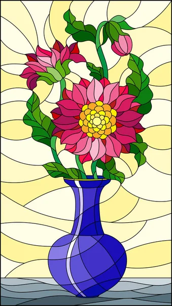 Ilustración Estilo Vitral Con Bodegón Floral Ramo Astros Rosados Jarrón — Vector de stock