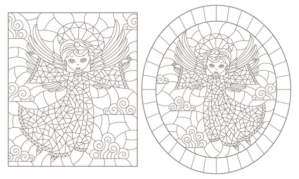 Série Illustrations Contours Vitraux Avec Anges Image Ovale Rectangulaire Contours — Image vectorielle