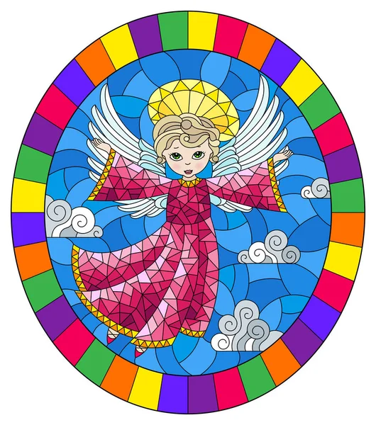 Иллюстрация Витражном Стиле Мультяшным Ангелом Розовом Платье Фоне Облачного Неба — стоковый вектор