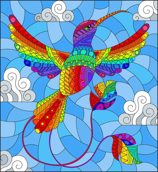 Gökkuşağı soyut sinek kuşu kuş uçan gökyüzü ve bulutlar karşı stiliyle vitray çizimde