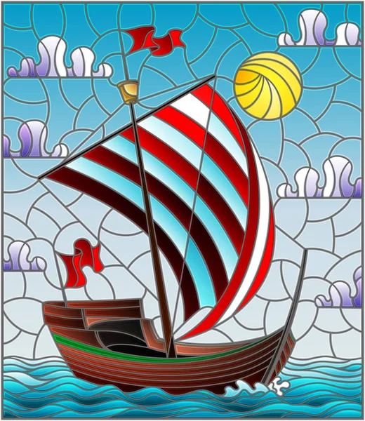 Ilustración Estilo Vitral Con Barco Antiguo Con Una Vela Roja — Archivo Imágenes Vectoriales