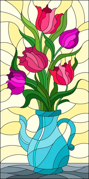 Ilustracja Stylu Witraż Kwiatowy Jeszcze Życia Bukiet Róż Tulipany Wazonie — Wektor stockowy