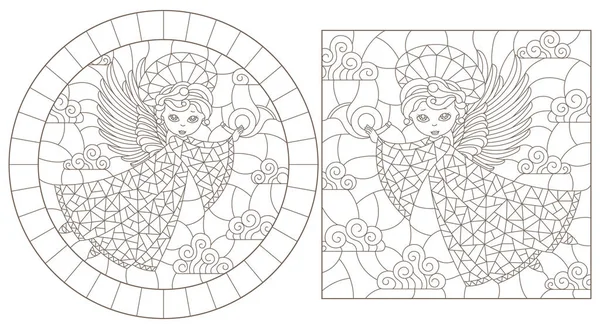 Set Contour Illustrations Stained Glass Angels Oval Rectangular Image Dark — Stock Vector