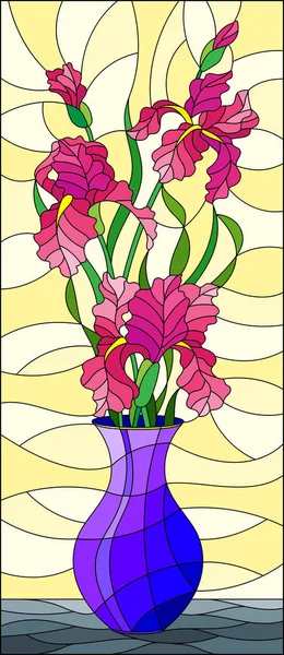 Ilustrace Vitráže Stylu Květinové Zátiší Kytice Růžové Kosatce Modrou Vázu — Stockový vektor