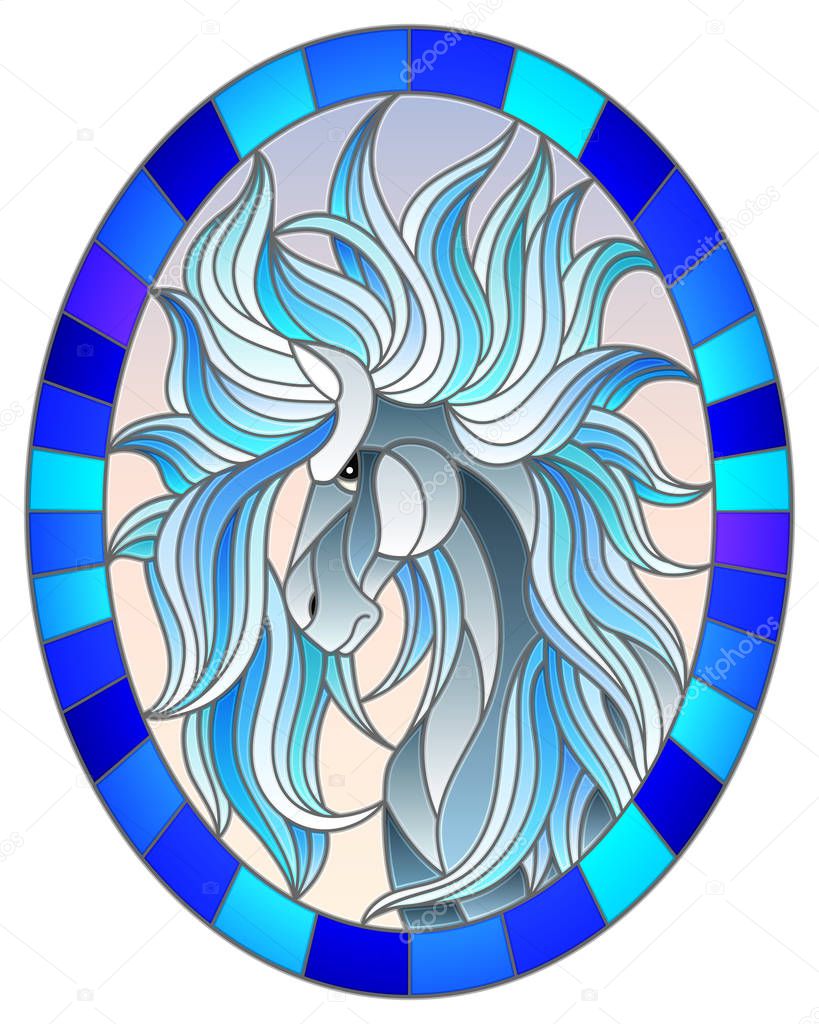 Illustration in stained glass style with abstract white  horse on a sky background framed in oval picture