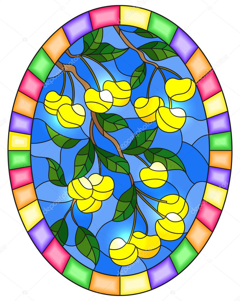 Illustration in the style of a stained glass window with the branches of yellow cherry  tree , the  branches, leaves and berries against the sky, oval image in bright frame